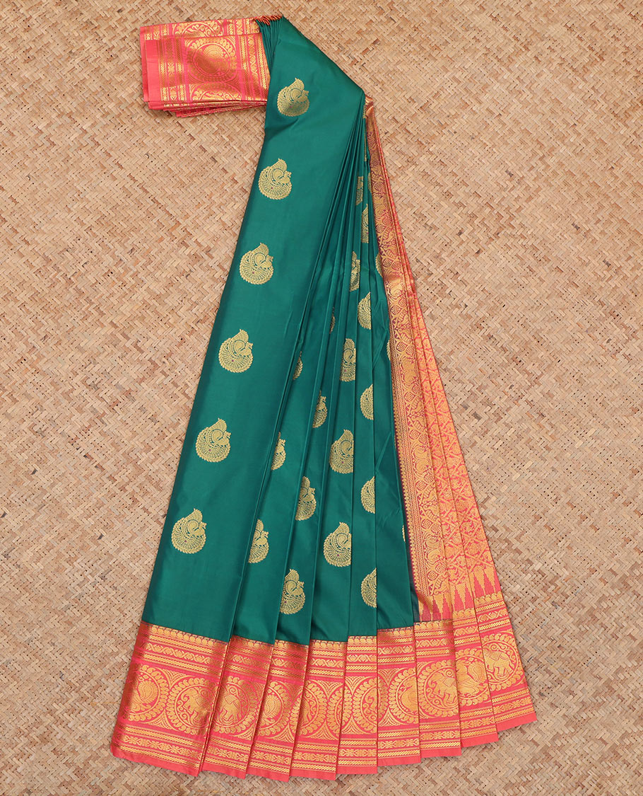 Green Budget Silk Saree, Embellished with Zari Buttas, Complemented by Contrast Traditional Zari Border, a Jaal Pallu and a Contrast Blouse