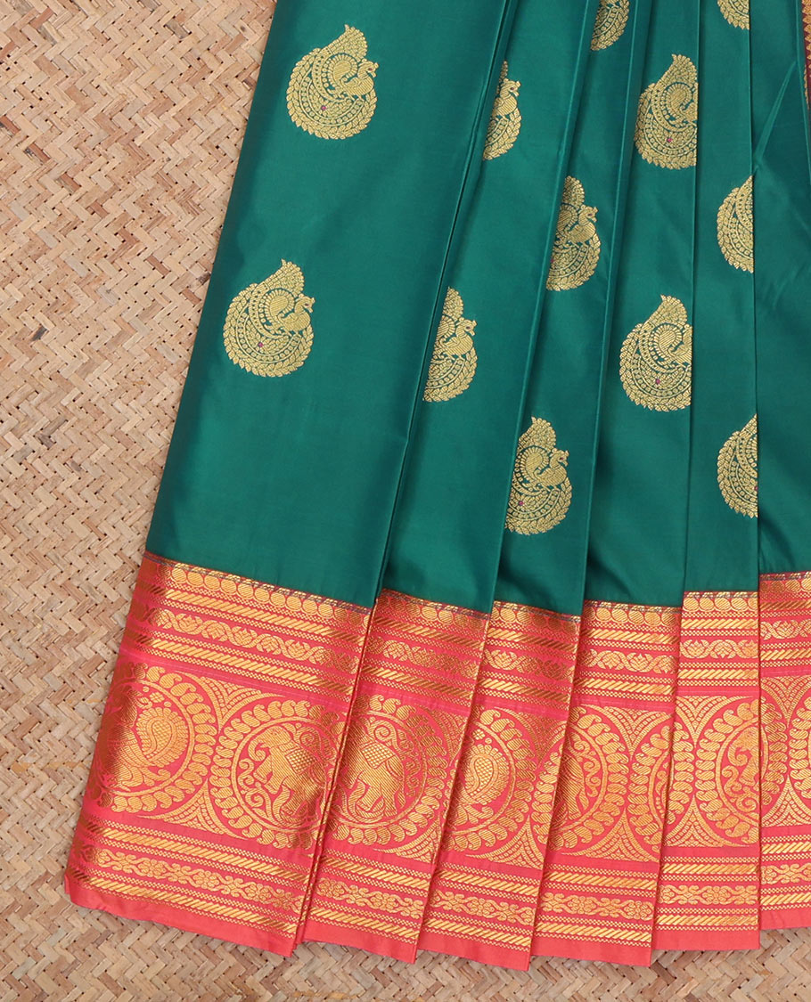 Green Budget Silk Saree, Embellished with Zari Buttas, Complemented by Contrast Traditional Zari Border, a Jaal Pallu and a Contrast Blouse
