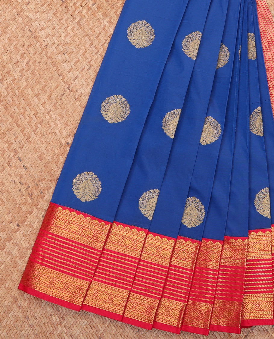 Blue Budget Silk Saree, Woven with Zari Buttas, Complemented by a Contrast Traditional Zari Border, Grand Pallu, and Contrast Blouse