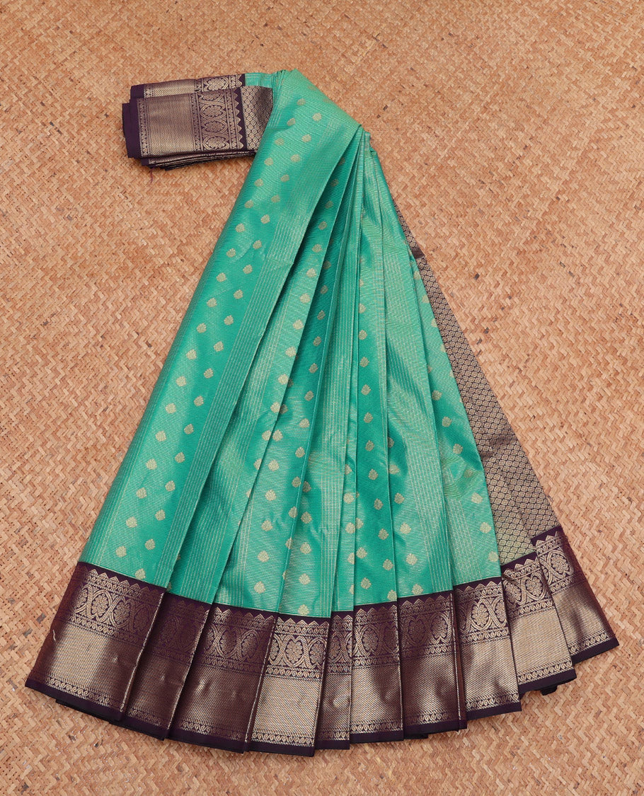 Green Budget Silk Saree, Elevated with Zari Buttas and Checks, Complemented by a Contrast Traditional Zari Border, Grand Pallu, and a Contrast Blouse