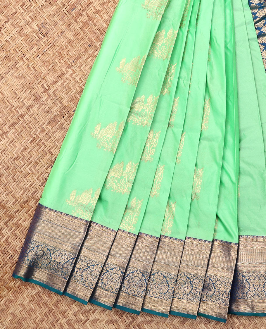 Green Budget Silk Saree, Embellished with Zari Buttas, Complemented by Contrast Traditional Zari Border, a Grand Pallu and a Contrast Blouse