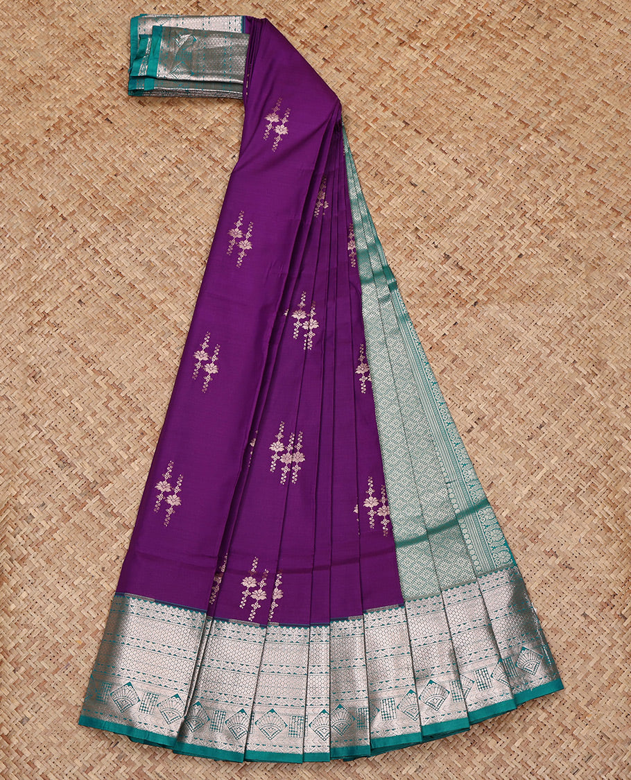 Purple Budget Silk Saree, Beautified with Zari Buttas All Over Its Body, Complemented by a Contrast Traditional Zari Design Border, Grand Jaal Pallu, and Paired with a Contrast Blouse