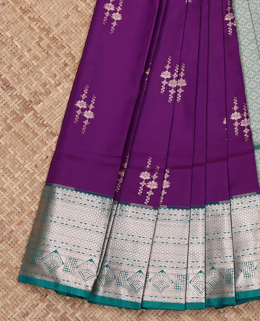 Purple Budget Silk Saree, Beautified with Zari Buttas All Over Its Body, Complemented by a Contrast Traditional Zari Design Border, Grand Jaal Pallu, and Paired with a Contrast Blouse