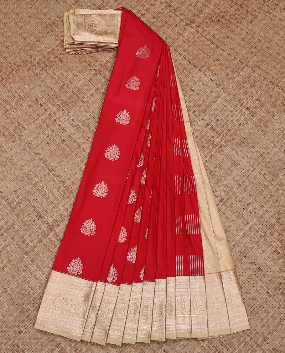 Red Budget Silk Saree, Detailed with Zari Buttas on Its Body, Complemented by a Contrast Traditional Zari Design Border, Intricately Designed Pallu, and Paired with a Contrast Blouse