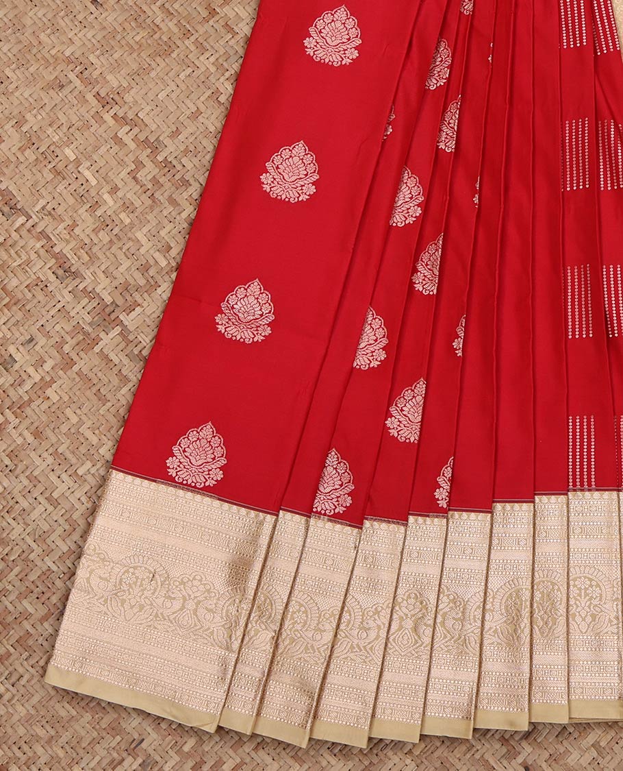 Red Budget Silk Saree, Detailed with Zari Buttas on Its Body, Complemented by a Contrast Traditional Zari Design Border, Intricately Designed Pallu, and Paired with a Contrast Blouse