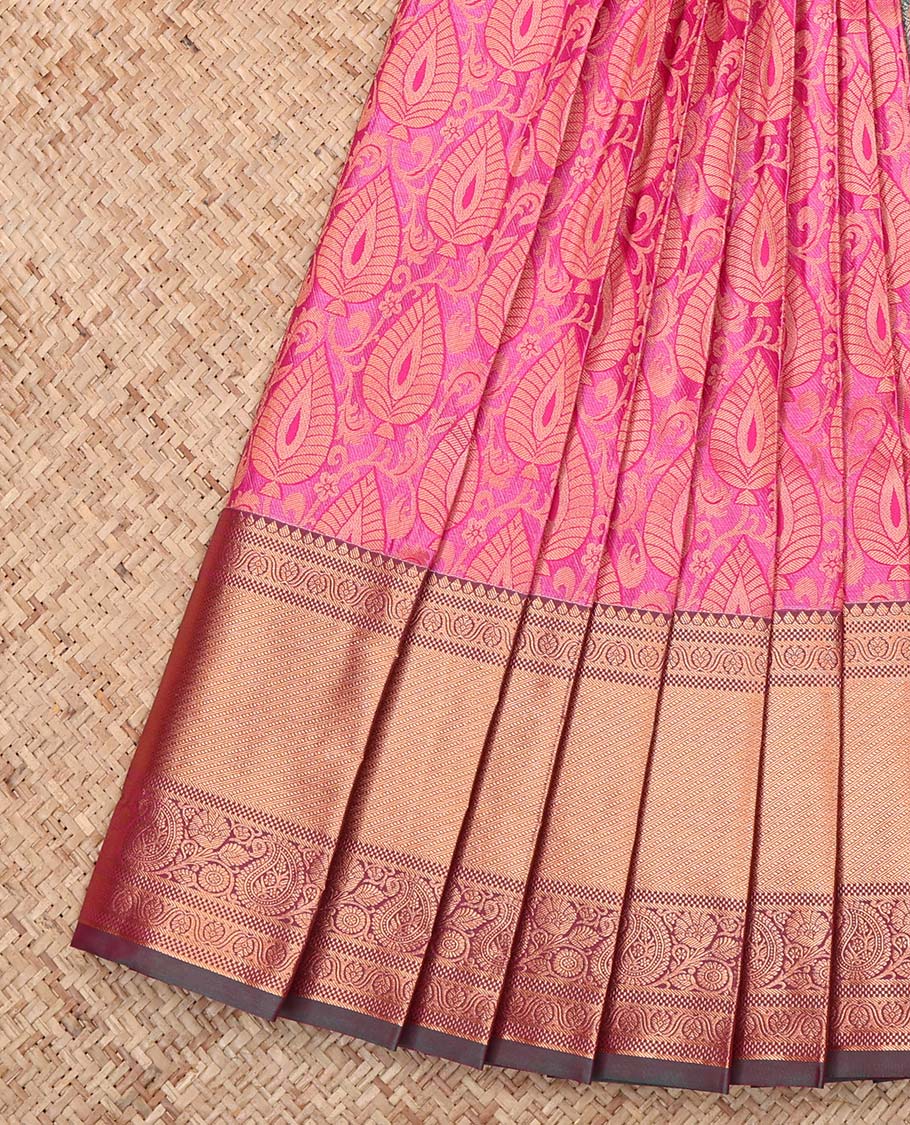 Pink Budget Silk Saree, Embellished with Jacquard, Complemented by a Contrast Traditional Zari Border, Grand Jaal Pallu, and a Contrast Blouse