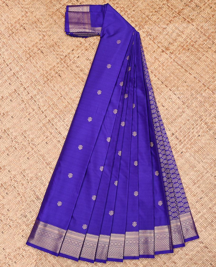 Royal Blue Budget Silk Saree, Ornamented with Zari Buttas, Highlighted by a Traditional Zari Border, Intricate Pallu, and a Matching Blouse