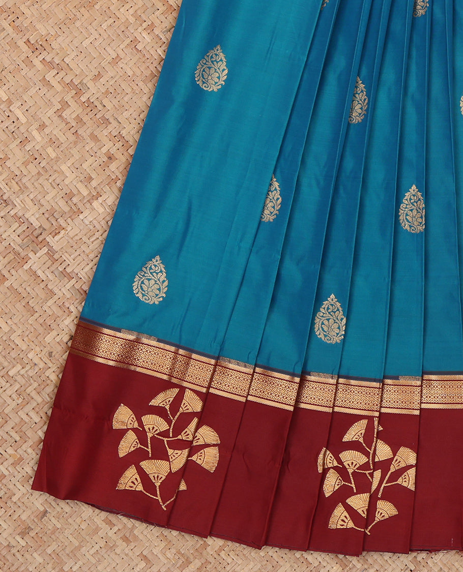 Blue Budget Silk Saree, Highlighted with Zari Buttas, Complemented by a Contrast Traditional Zari Border, Grand Pallu, and a Contrast Blouse
