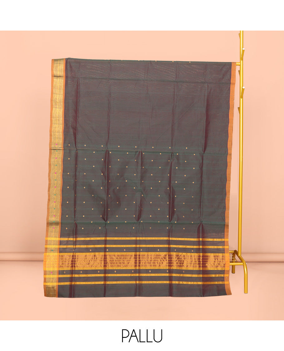 Green Venkatagiri Cotton Saree Prettified with Buttas, a Contrast Zari-Thread Border, Pallu of Stripes, and No Blouse