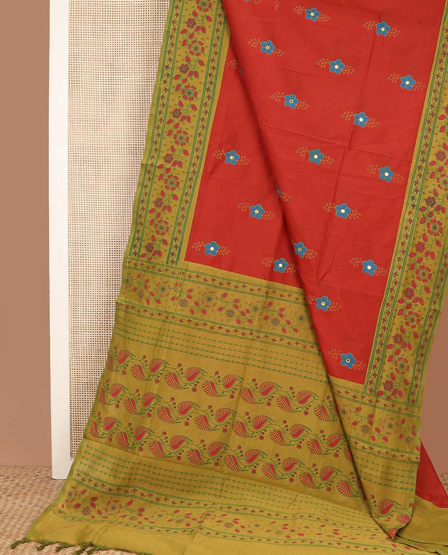 Red floral motifs printed poly cotton saree, contrast floral creeper border, and pallu of leaf creeper design