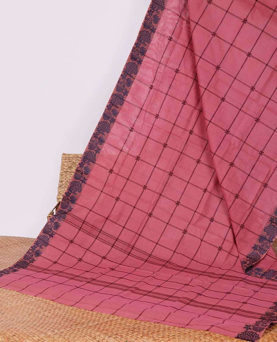 Pink checked Chettinad cotton saree, floral design border
