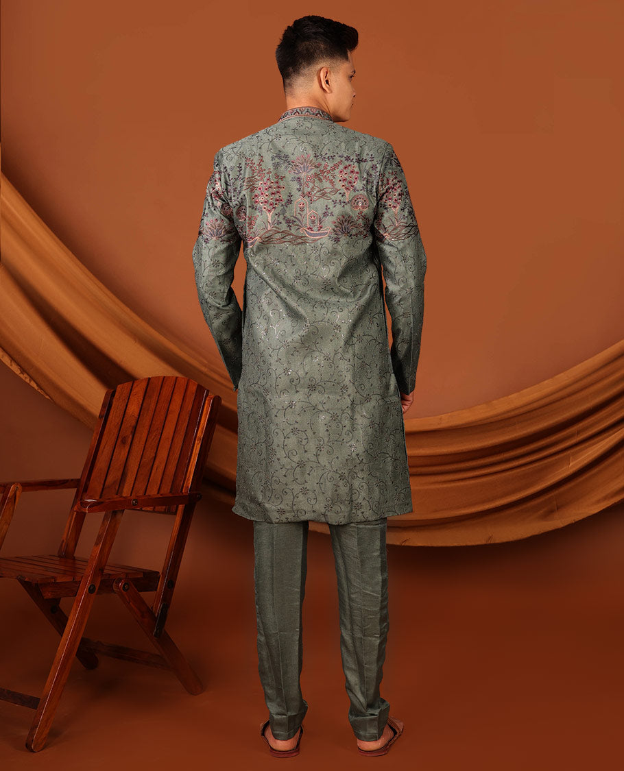 Green Intricately Threaded and Sequined Embroidered Full-Sleeved Men's Kurta Comes with Matching Pants