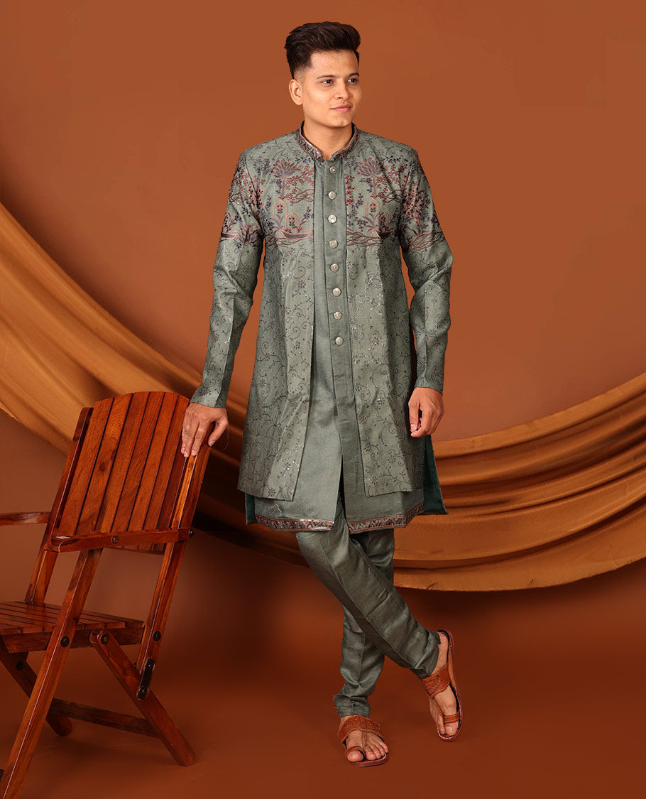 Green Intricately Threaded and Sequined Embroidered Full-Sleeved Men's Kurta Comes with Matching Pants