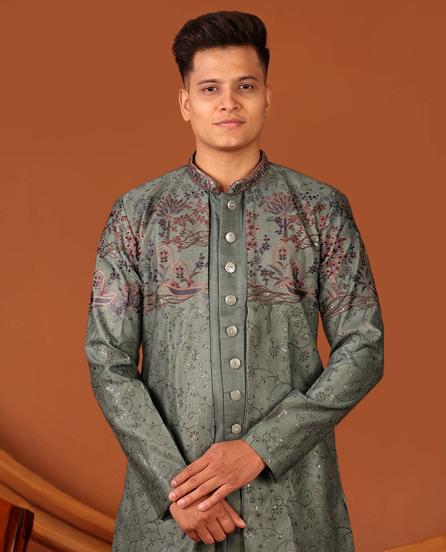 Green Intricately Threaded and Sequined Embroidered Full-Sleeved Men's Kurta Comes with Matching Pants
