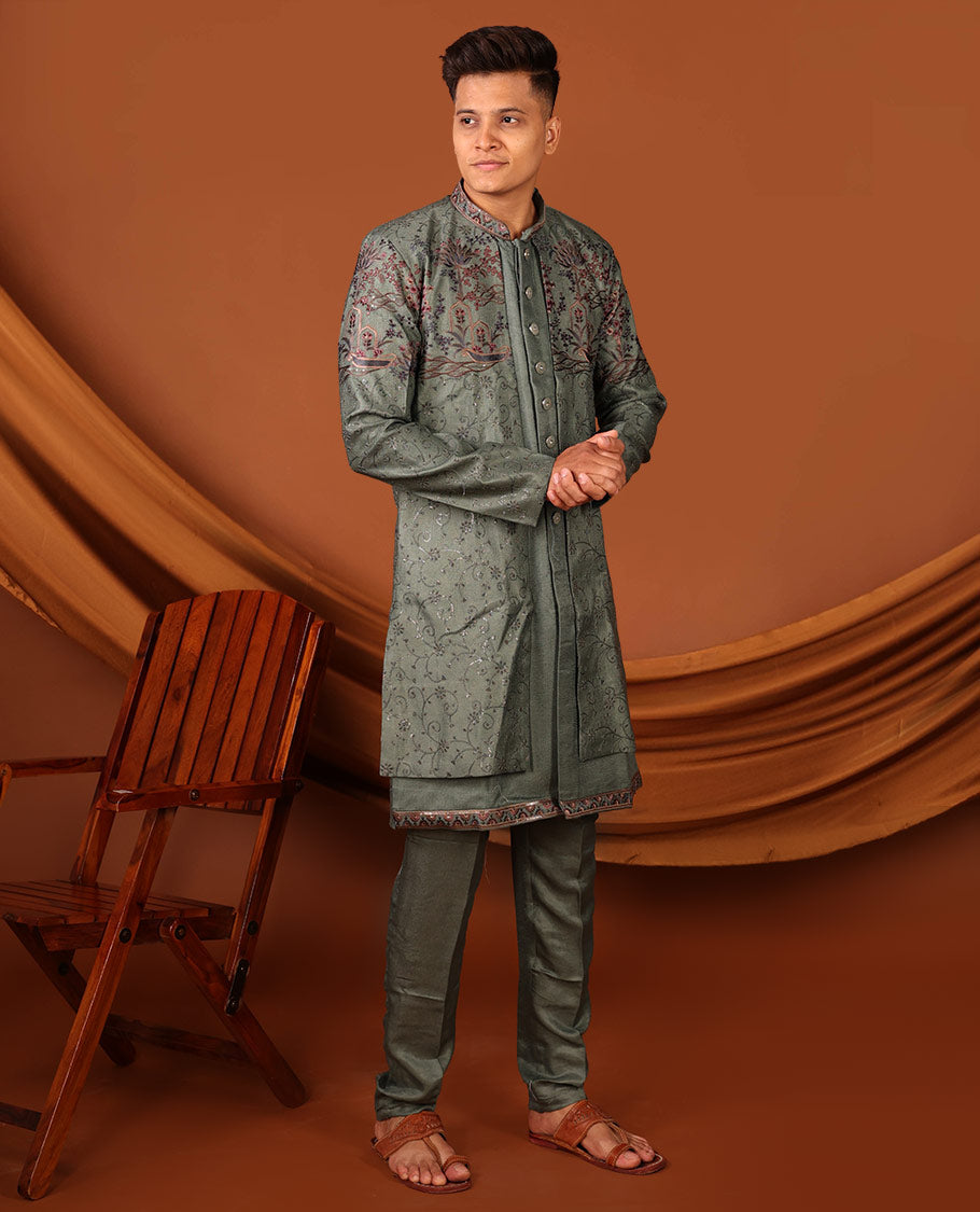 Green Intricately Threaded and Sequined Embroidered Full-Sleeved Men's Kurta Comes with Matching Pants
