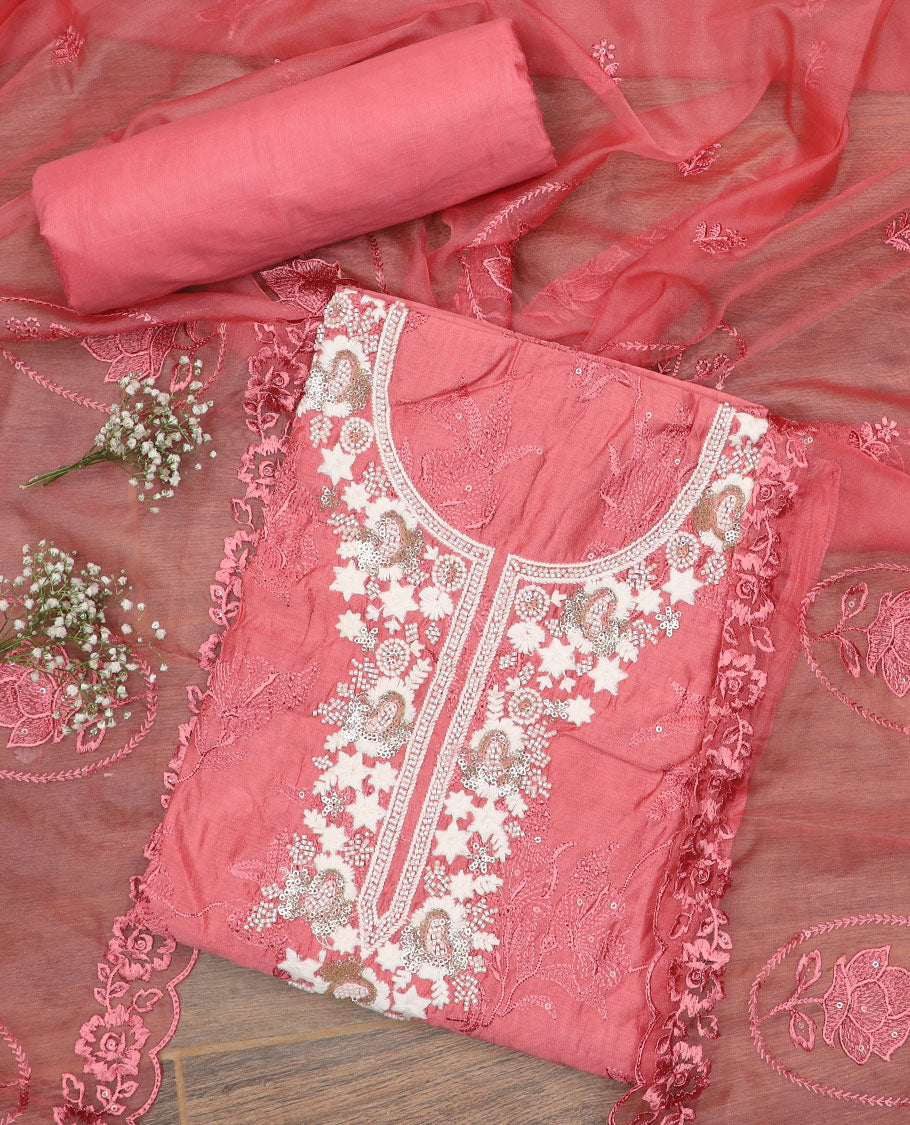 Golden Material Chudidar Set Adorned with Embroidered Organza Chiffon Top, Subtly Made Plain Santoon Bottom, and a Organza  Dupatta Featuring Floral Jaal Embroidery