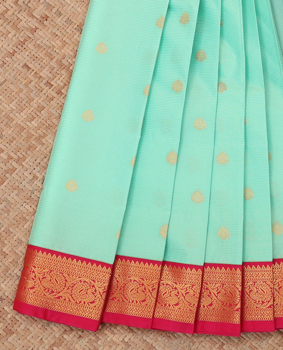 Turquoise Budget Silk Saree, Crafted with Stripes and Zari Buttas, a Contrast Traditional Zari Border, Grand Pallu, and a Contrast Blouse