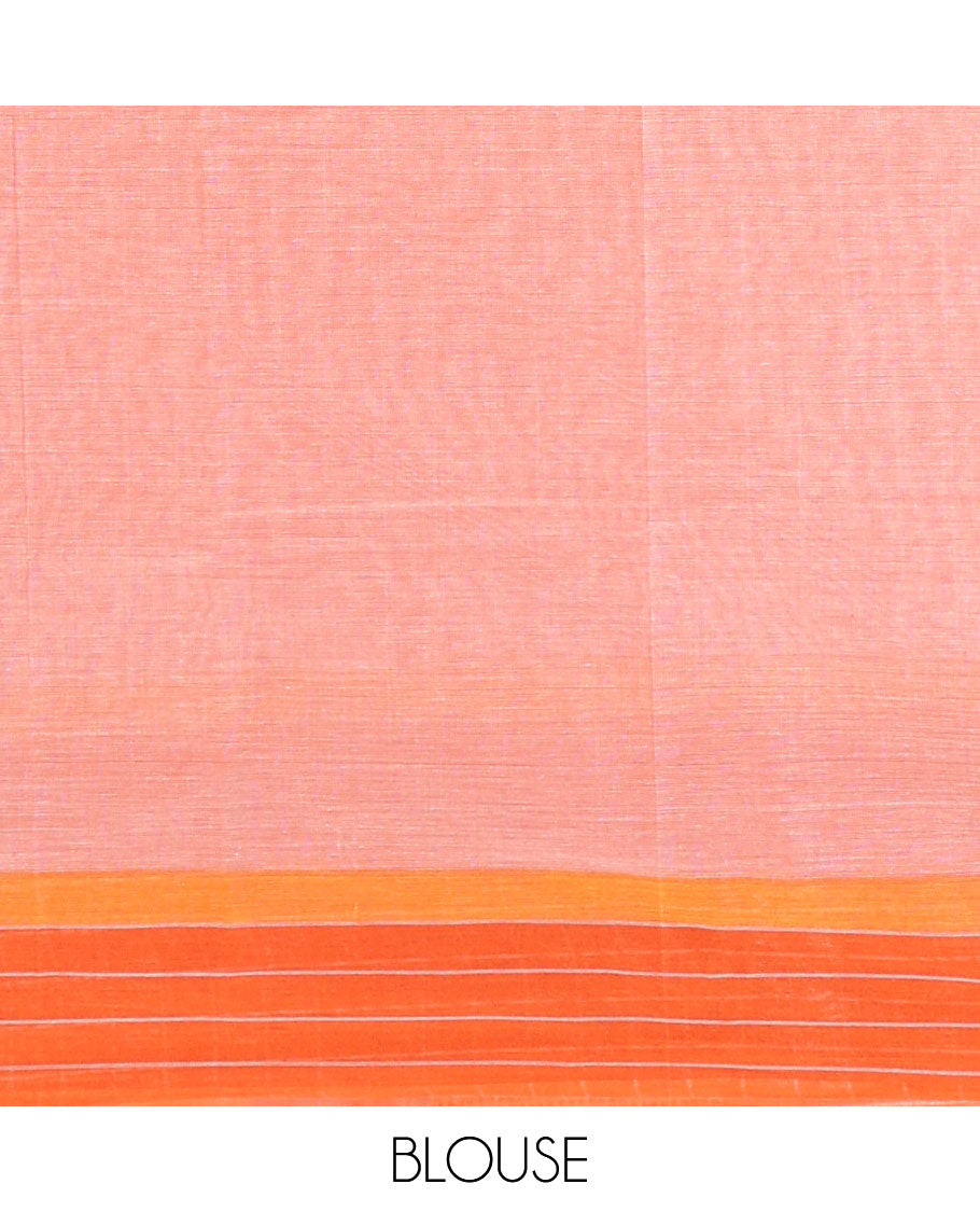 Peach striped Chirala cotton saree, contrast checked border & striped pallu