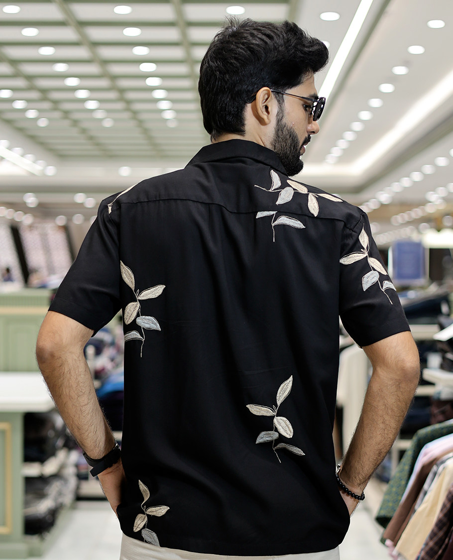 Black Leaf Embroidery Cotton-Blended Casual Shirt