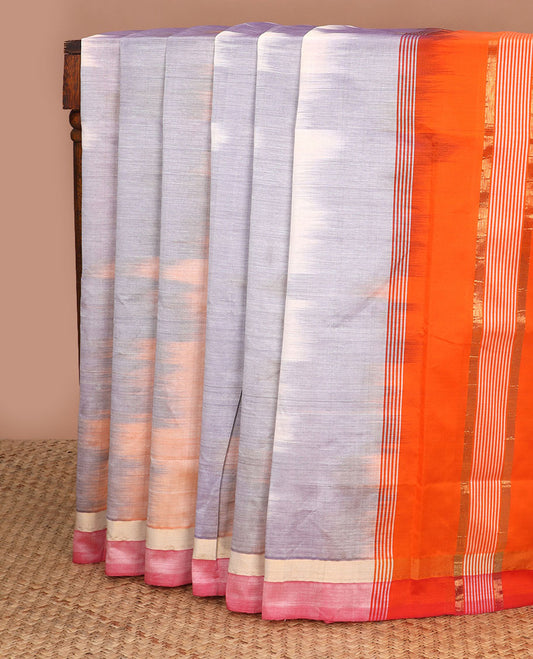 Multi-color ikkat design poly cotton saree, striped border & contrast green zari striped pallu