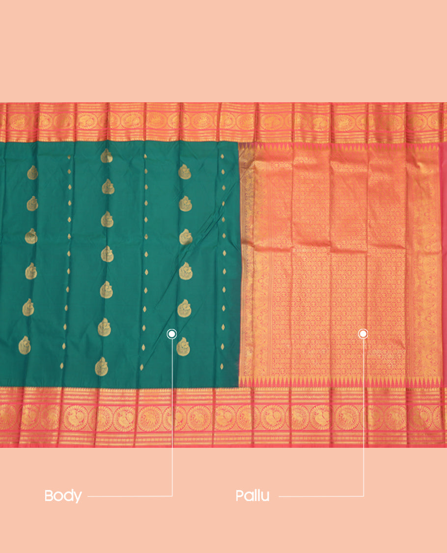 Green Budget Silk Saree, Embellished with Zari Buttas, Complemented by Contrast Traditional Zari Border, a Jaal Pallu and a Contrast Blouse