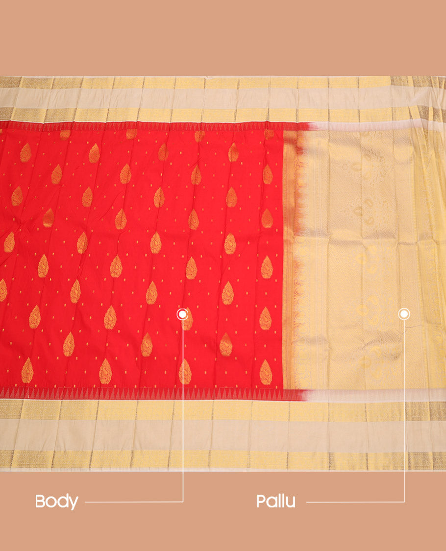 Orange Budget Silk Saree, Finely Crafted with Zari Buttas, Complemented by a Contrast Traditional Zari Rettai Pettu Border, Grand Pallu, and a Contrast Blouse