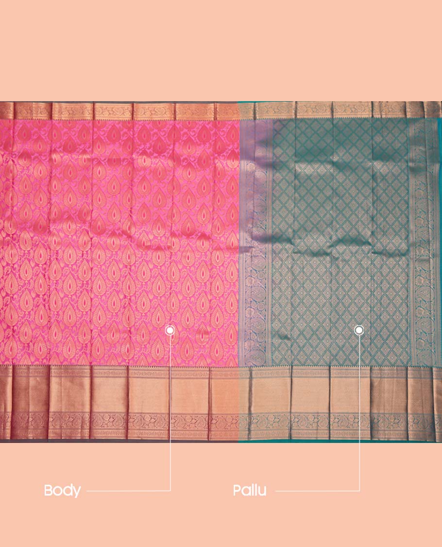 Pink Budget Silk Saree, Embellished with Jacquard, Complemented by a Contrast Traditional Zari Border, Grand Jaal Pallu, and a Contrast Blouse