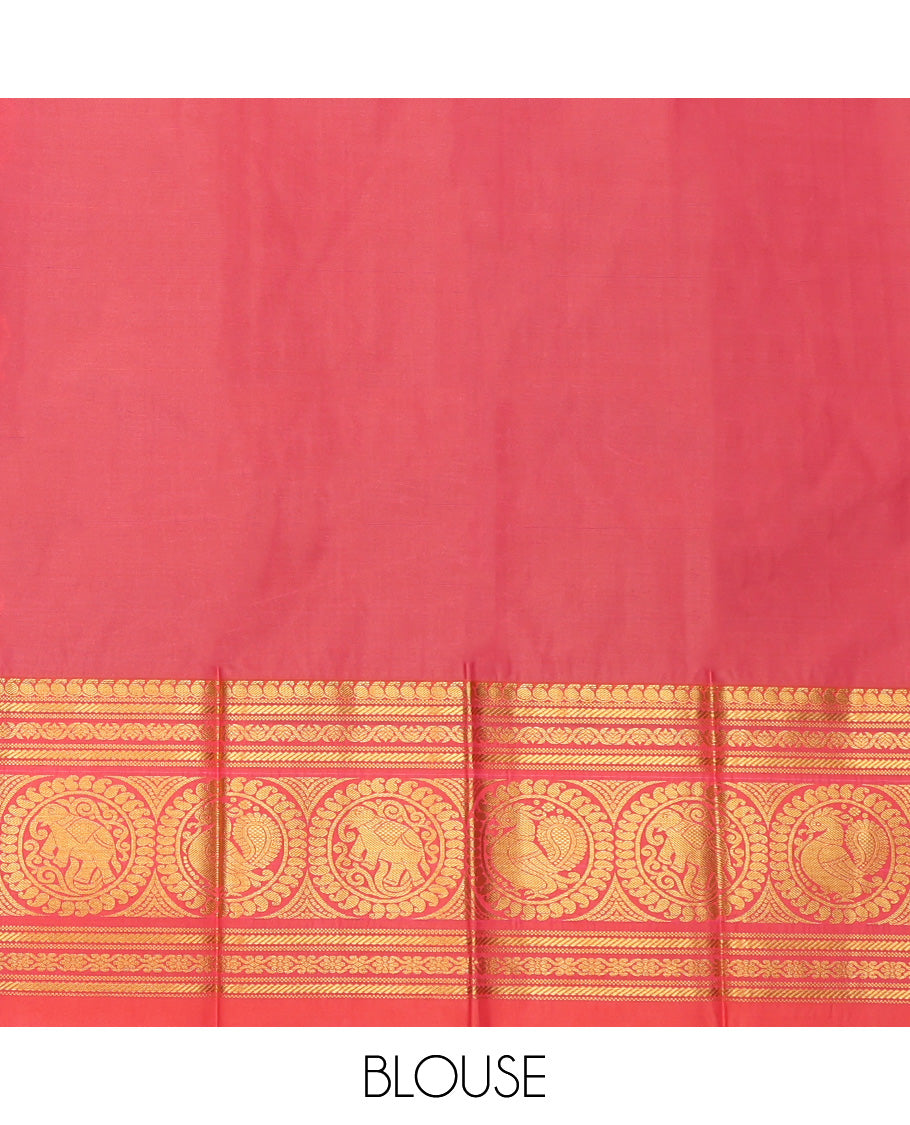 Green Budget Silk Saree, Embellished with Zari Buttas, Complemented by Contrast Traditional Zari Border, a Jaal Pallu and a Contrast Blouse