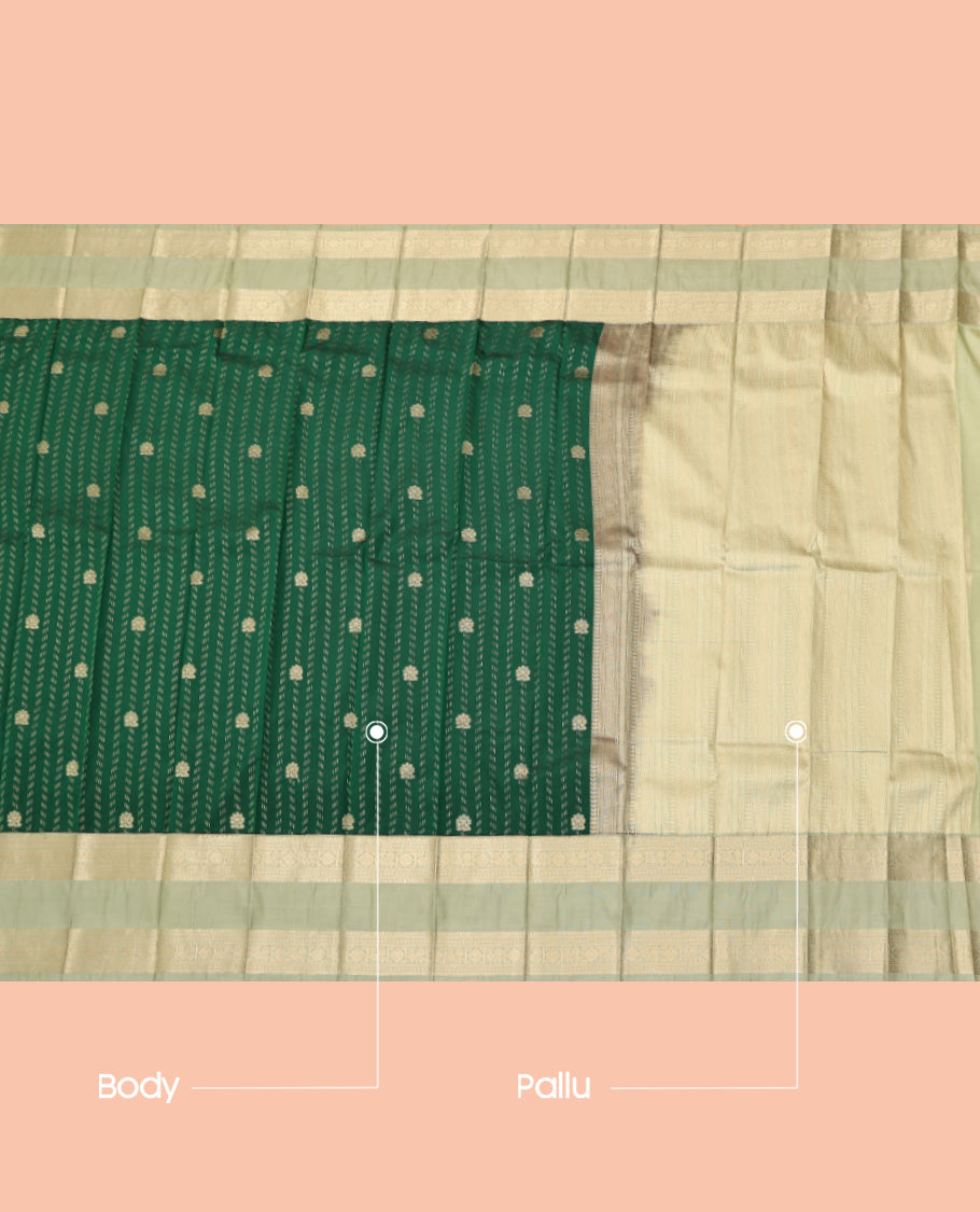 Green Budget Silk Saree, Steeped in Richness of Zari Buttas, a Contrast Traditional Zari Rettai Pettu Border, Grand Pallu, and a Contrast Blouse