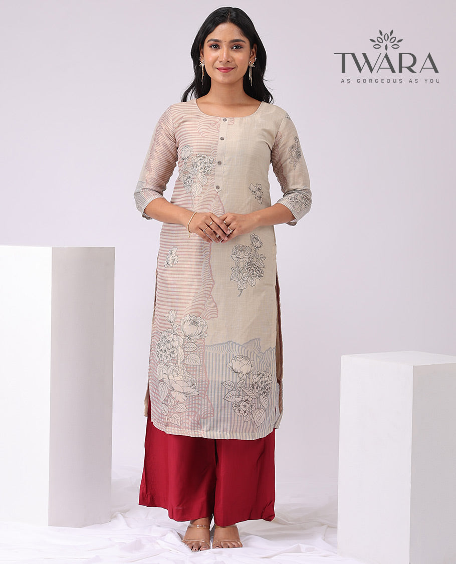 Twara cream floral printed round neck, 3/4 th sleeve , knee lenght straight cut kurti