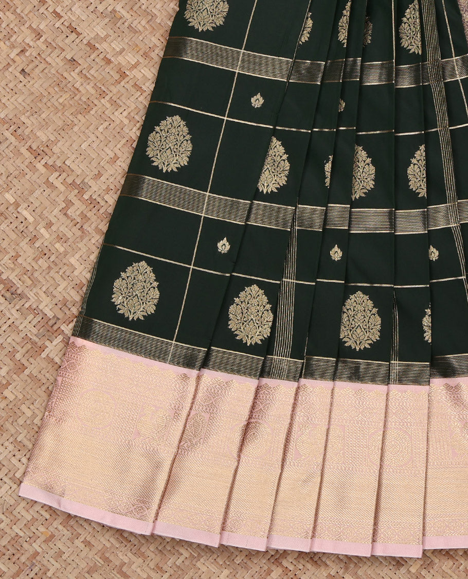 Green Budget Silk Saree, Richly Detailed with Zari Butta Enclosed Checked Design on Its Body, Complemented by a Contrast Traditional Zari Design Border, Grand Pallu, and Paired with a Contrast Blouse