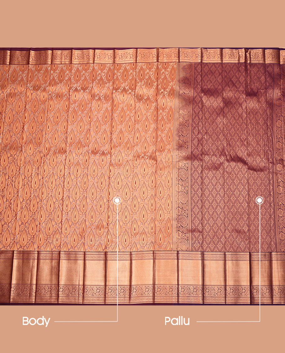 Peach Budget Silk Saree, Delicately Woven with Jacquard Design, Complemented by a Contrast Traditional Zari Border, Jaal Pallu, and Contrast Blouse