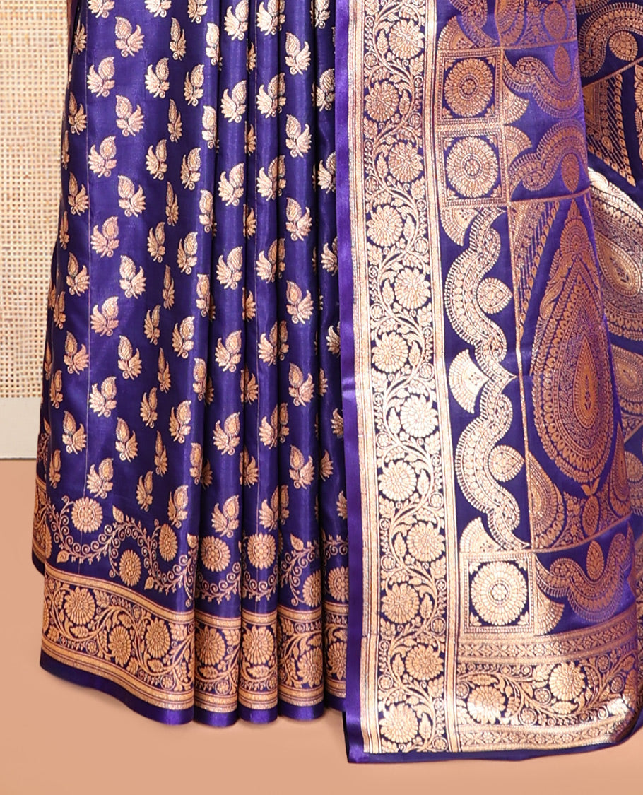 Blue Semi-Banarasi Saree, Spotlighted with Zari Buttas, a Floral Creeper Border, Rich Pallu, Matching Blouse