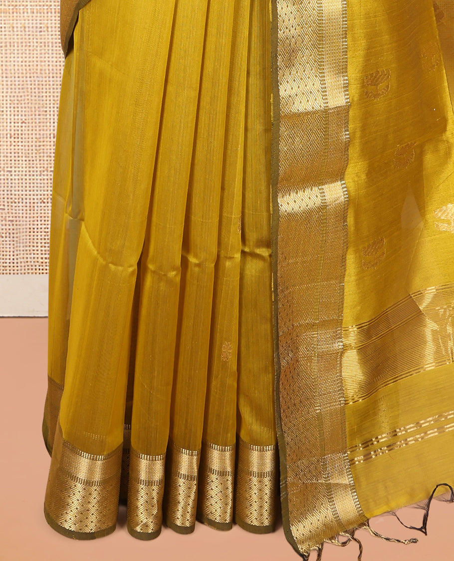 Yellow Maheshwari Cotton Saree, Bedecked with Zari Buttas, a Contrast Traditional Zari Border, Zari Striped Pallu, and a Matching Blouse