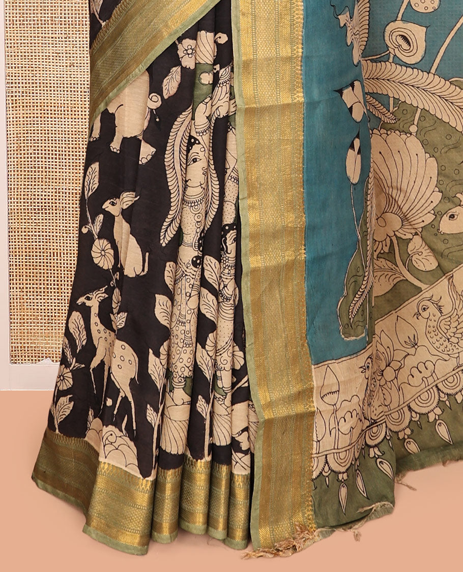 Black Kalamkari Silk Saree, Impeccably Styled with Animal and Human Figurines, a Contrast Traditional Zari Border, Pallu of Kalamkari Design, and a Contrast Blouse