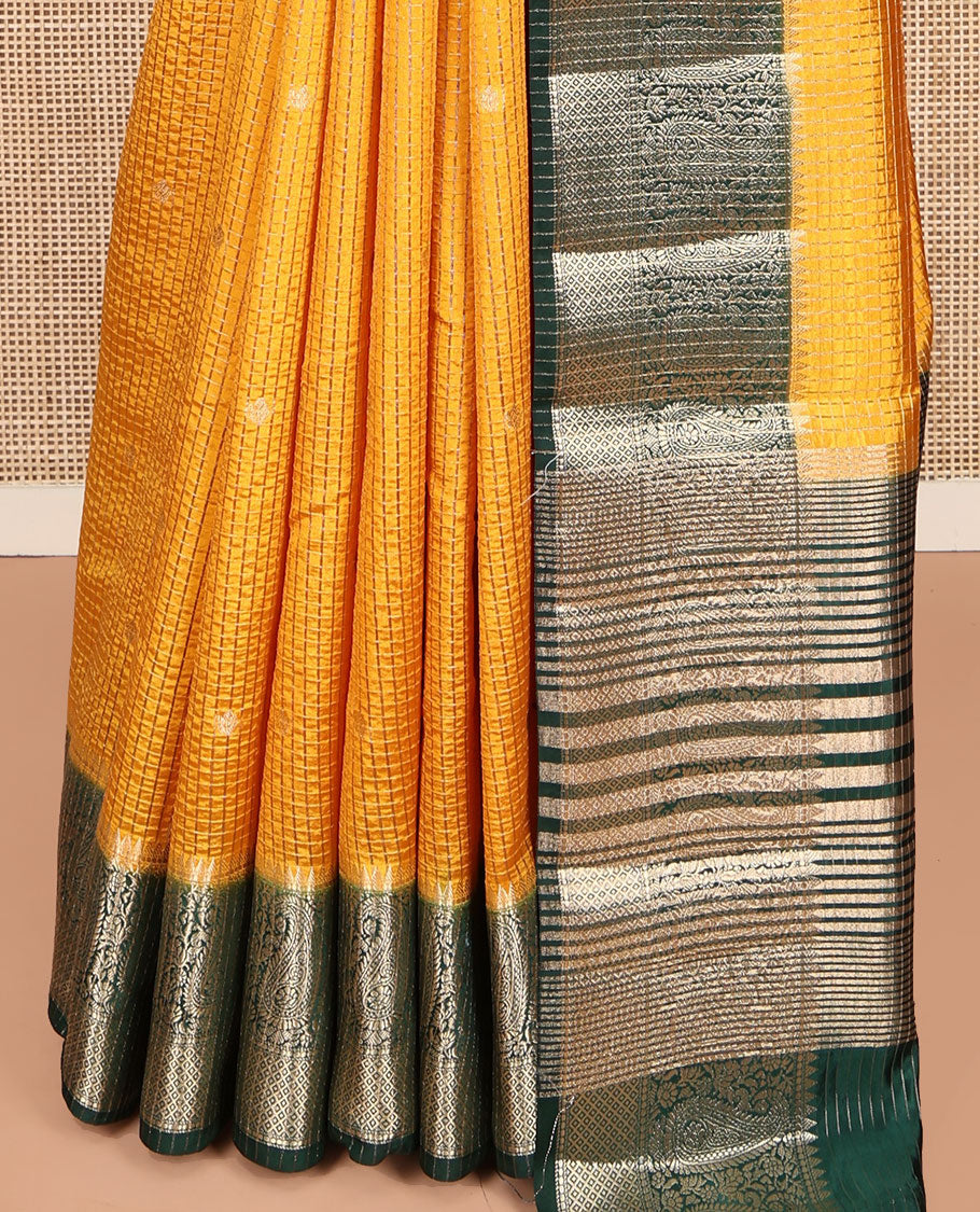 Yellow Dupion Silk Saree, Spotlighted with Zari Buttas and Micro-Checks, Contrast Traditional Zari Design Border, Zari Striped Pallu, and a Contrast Blouse