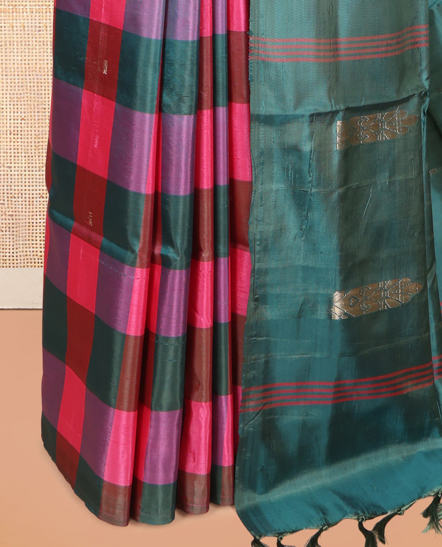 Borderless Multi-color Checked Banana Pith Saree, a Contrast Pallu of Buttas and Stripes, and a Contrast Blouse