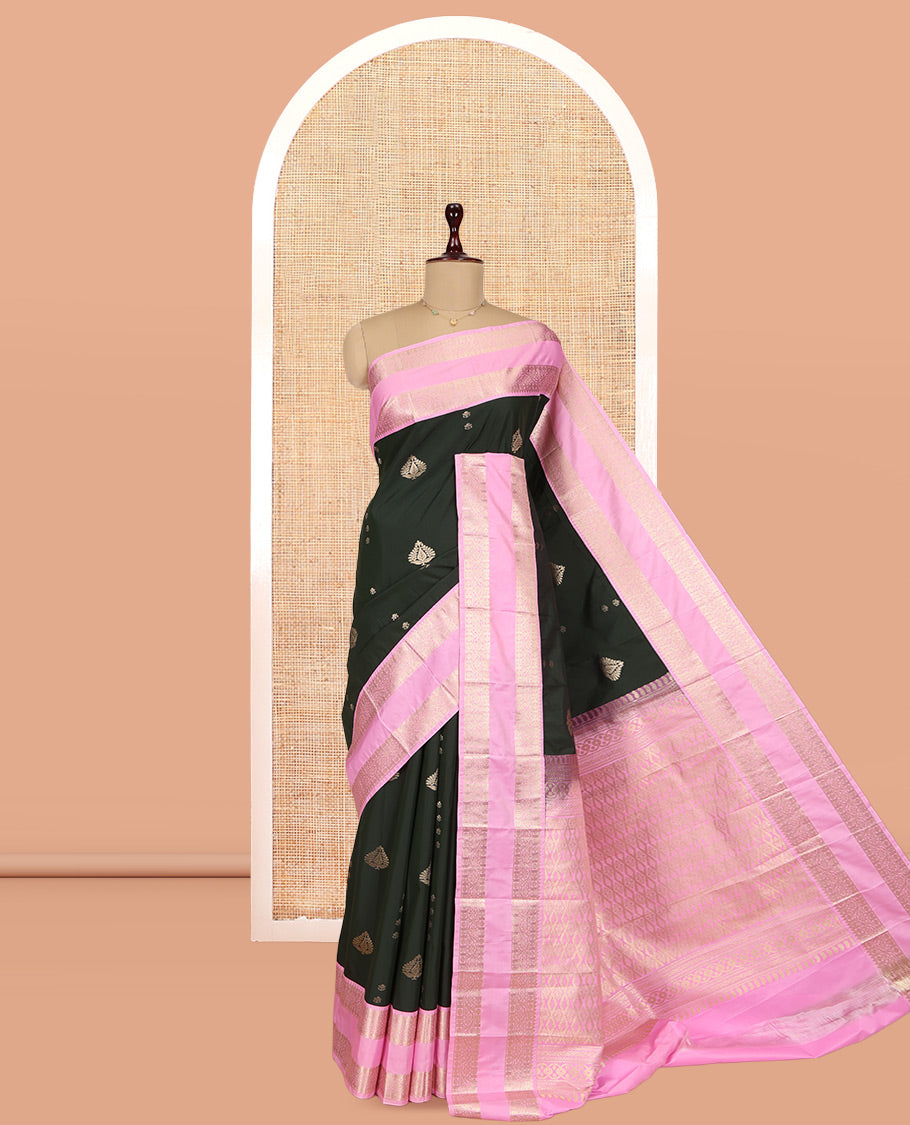 Bottle Green-Light Pink Zari Buttas Budget Silk Saree, Contrast Rettai Pettu Border, Grand Pallu, a Contrast Blouse