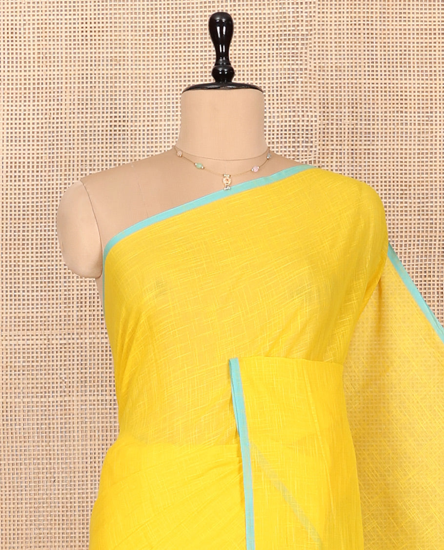 Yellow Geometric Printed Andhra Cotton Saree, a Contrast Piping Border, Striped Pallu, and a Contrast Blouse