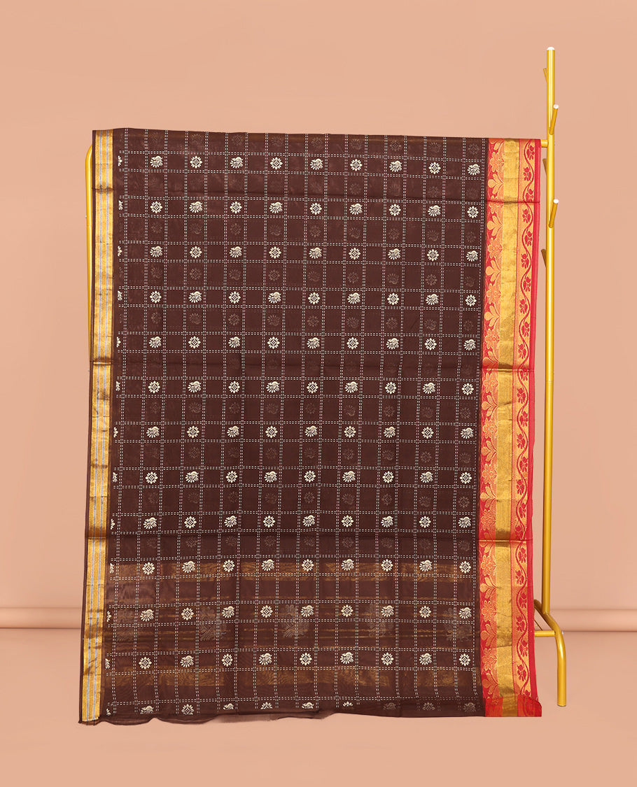 Brown Venkatagiri Cotton Saree, Finely Crafted with Butta-Enclosed Checks, a Contrast Floral Creeper Zari Border, Peacock Butta Pallu, and No Blouse