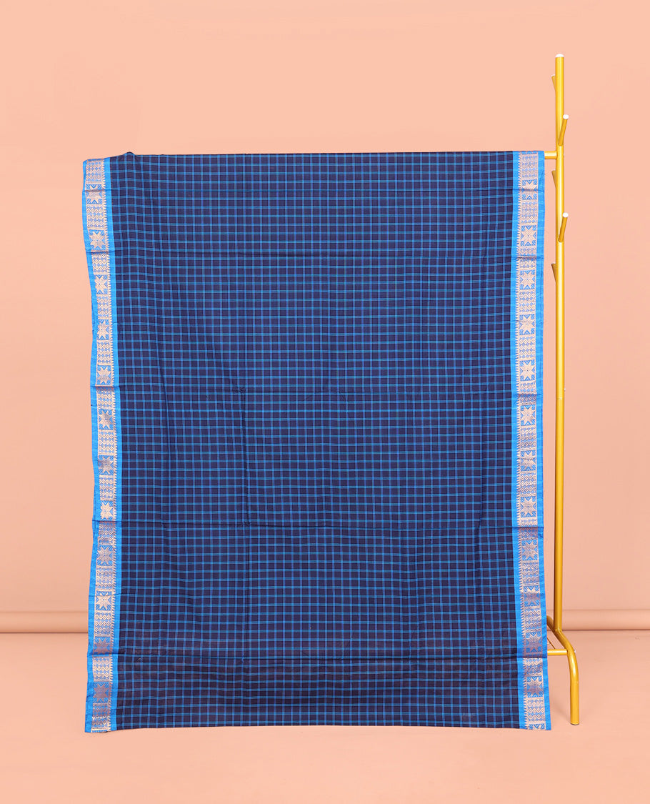 Blue Chettinad Cotton Saree, Finely Crafted with Checks, Contrast Traditional Design Border, Striped Pallu, and No Blouse