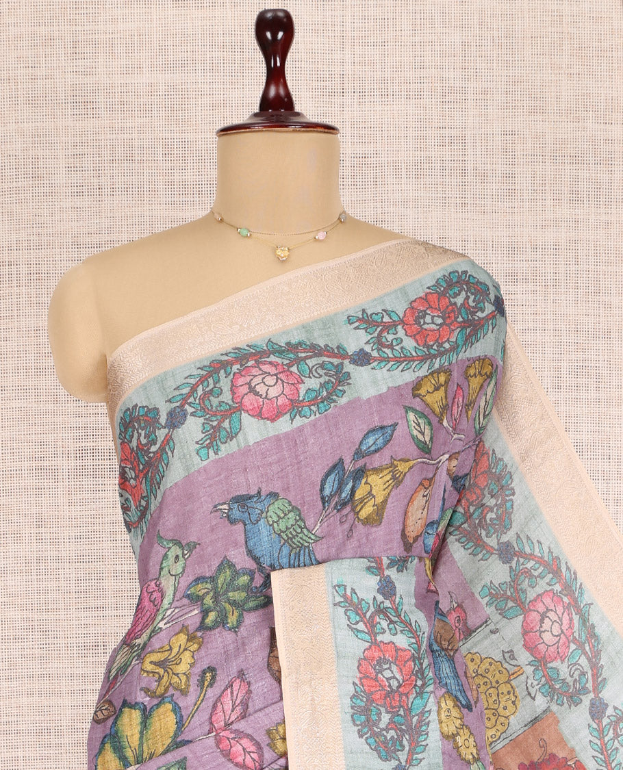 Violet Kalamkari Printed Fancy Tussar Saree