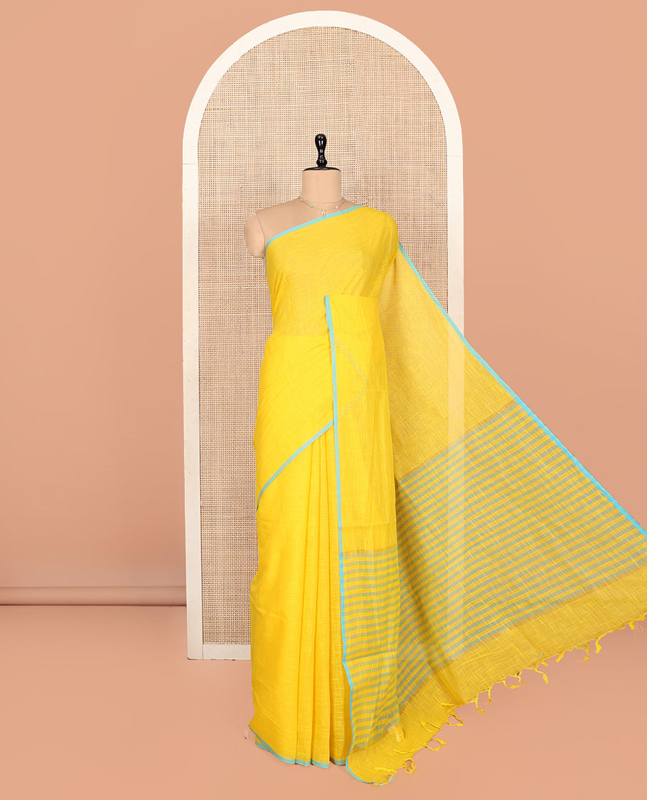 Yellow Geometric Printed Andhra Cotton Saree, a Contrast Piping Border, Striped Pallu, and a Contrast Blouse