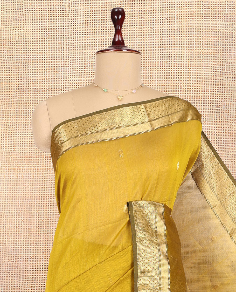 Yellow Maheshwari Cotton Saree, Bedecked with Zari Buttas, a Contrast Traditional Zari Border, Zari Striped Pallu, and a Matching Blouse