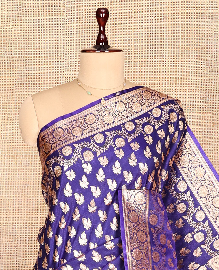 Blue Semi-Banarasi Saree, Spotlighted with Zari Buttas, a Floral Creeper Border, Rich Pallu, Matching Blouse