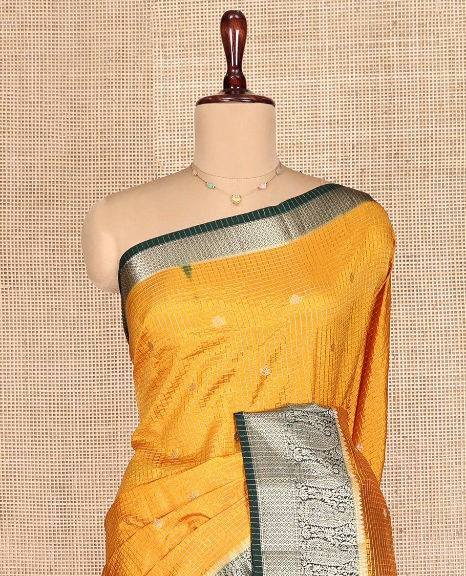 Yellow Dupion Silk Saree, Spotlighted with Zari Buttas and Micro-Checks, Contrast Traditional Zari Design Border, Zari Striped Pallu, and a Contrast Blouse