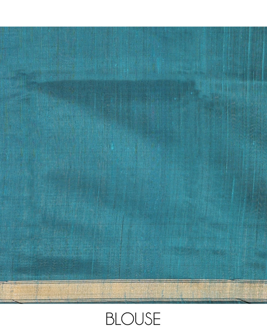 Rama Dupion Silk Saree, Steeped with Dotted Stripes, a Zari Temple Border, Gleaming Striped Pallu, and a Matching Blouse
