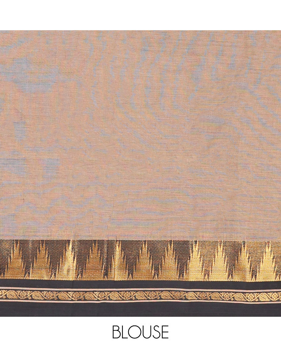 Pale Brown Plain Chettinad Cotton Saree, Complemented by a Contrast Temple Traditional Zari Border, Striped Pallu, and a Matching Blouse