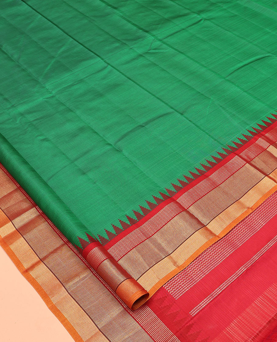 Green-Striped Bangalore Silk Saree, Complemented by a Contrast Temple Ganga-Jamuna Border, Pallu of Temple and Neli Designs, and a Contrast Blouse