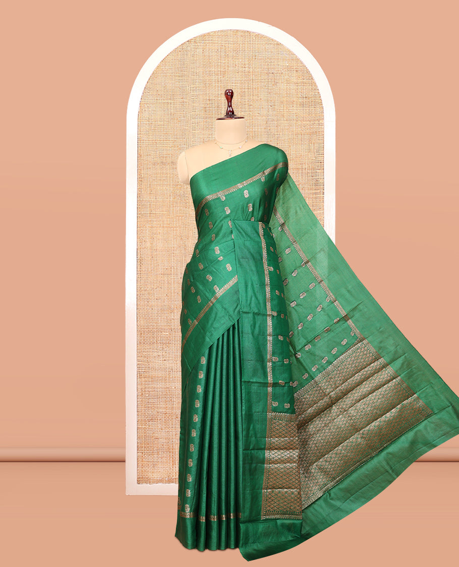 Green Tussar Silk Saree, Elevated with Zari Buttas, a Traditional Zari Border, Jaal Pallu, and a Contrast Blouse